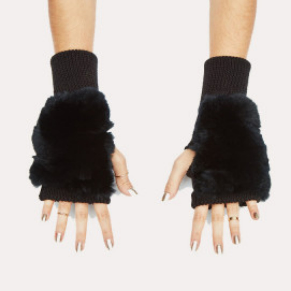 JOCELYN FAUX FUR TOPPED FINGERLESS MITTENS GLOVES BLACK OS NWOT